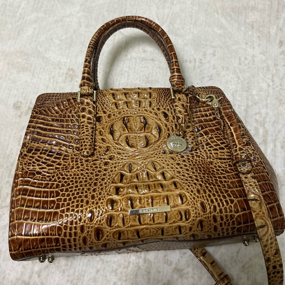Brahmin Tan and Brown Croc-Embossed Leather Satchel